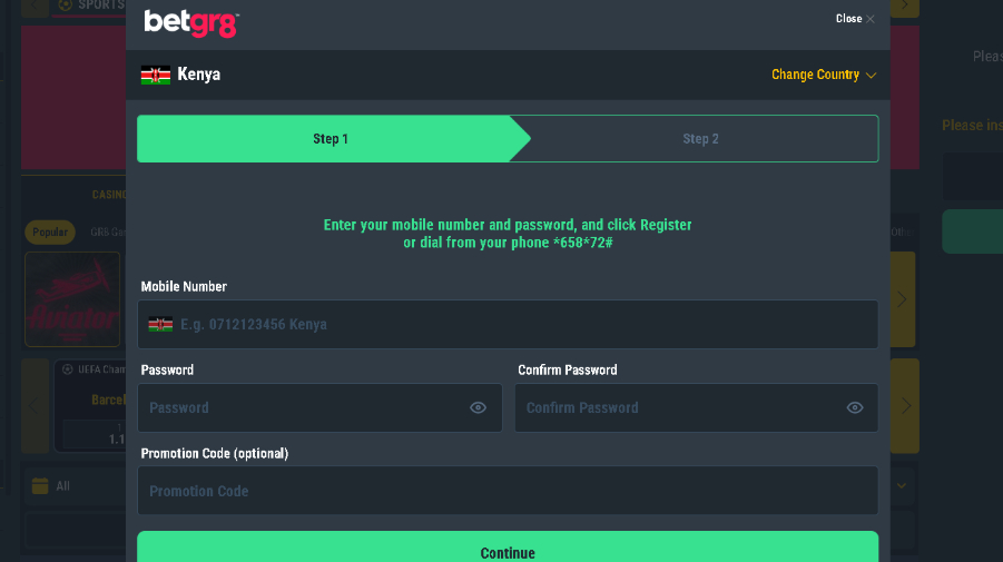 Registration at Betgr8 Aviator